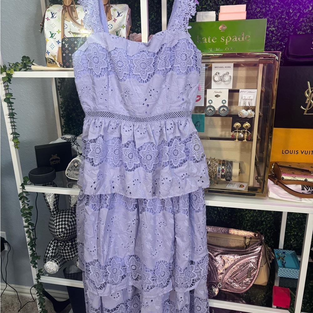 Just Me Lilac Lavender Eyelet Lace Midi 3 Tiered Dress - Picture 9 of 13